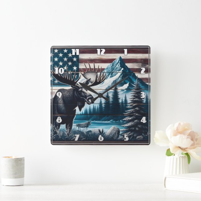 Moose Against Mountain and Flag Background Square Wall Clock (Home)