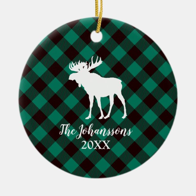 Moose and Buffalo Green Plaid Pattern Christmas Ceramic Tree Decoration (Front)