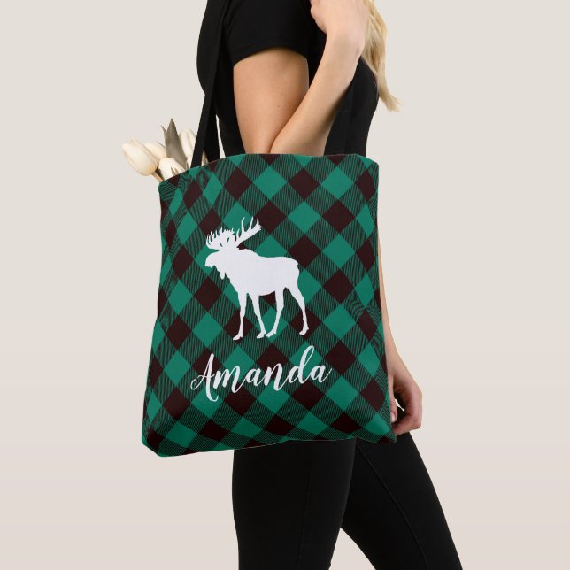 Moose and Buffalo Green Plaid Pattern Christmas Tote Bag (Close Up)