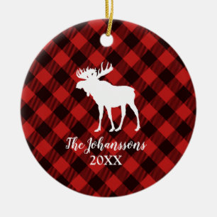 Moose and Buffalo Red and Black Plaid Christmas Ceramic Ornament