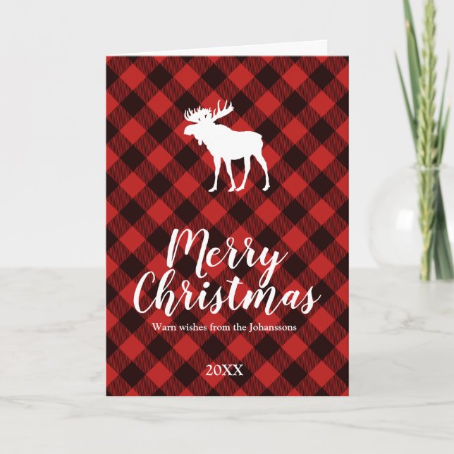 Moose and Buffalo Red and Black Plaid Christmas Holiday Card (Front)