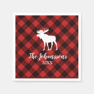 Moose and Buffalo  Red and Black Plaid Christmas Napkin