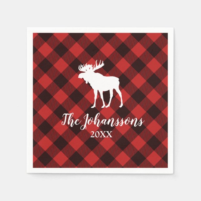 Moose and Buffalo  Red and Black Plaid Christmas Napkin (Front)