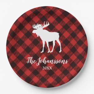 Moose and Buffalo Red and Black Plaid Christmas Paper Plate