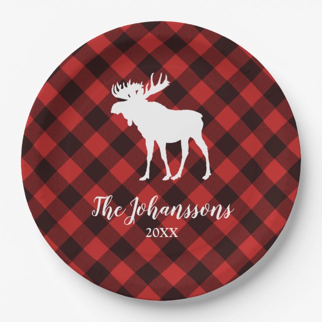 Moose and Buffalo Red and Black Plaid Christmas Paper Plate (Front)