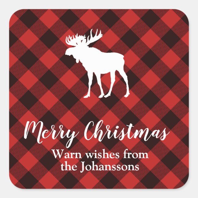 Moose and Buffalo Red and Black Plaid Christmas Square Sticker (Front)