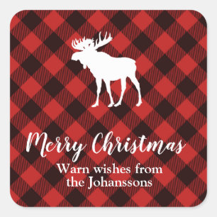 Moose and Buffalo Red and Black Plaid Christmas Square Sticker
