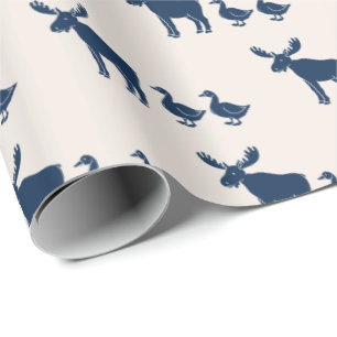 Moose and Ducks Pattern Navy Blue Wrapping Paper