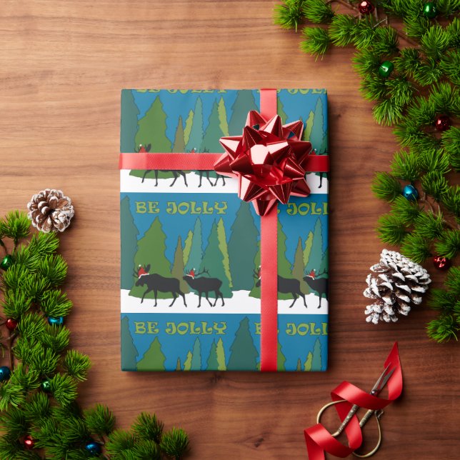 Moose and Elk in Santa Hats Wrapping Paper (Holiday Gift)