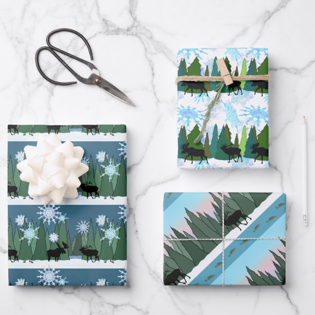 Moose and Elk Winter Holiday Wrapping Paper (Front)