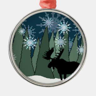 Moose and Snowflake Forest Metal Ornament