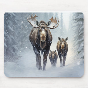 Moose Animal Family Wandering Nature Out Mouse Pad
