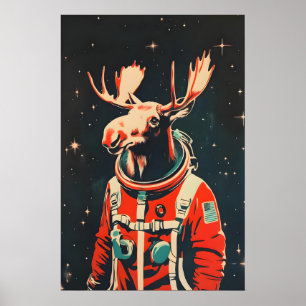 Moose Astronaut Poster, Moose Retro Print, Moose Poster