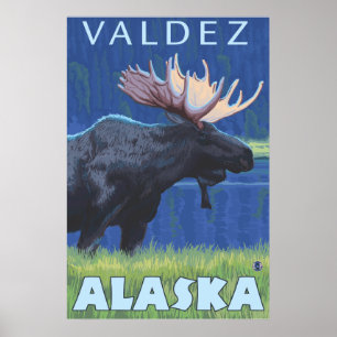 Moose at Night - Valdez, Alaska Poster
