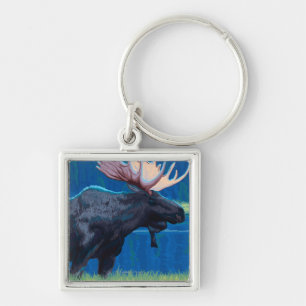 Moose at Night - West Yellowstone, Montana Key Ring