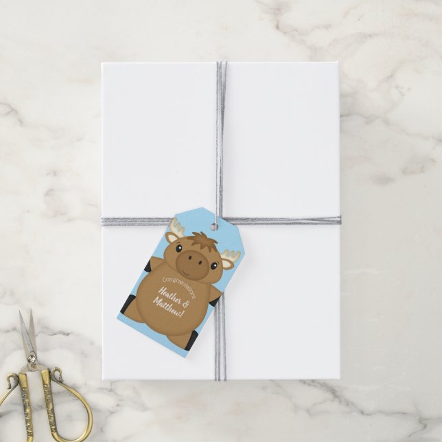 Moose Baby Shower Blue Boy Gift Tags (With Twine)