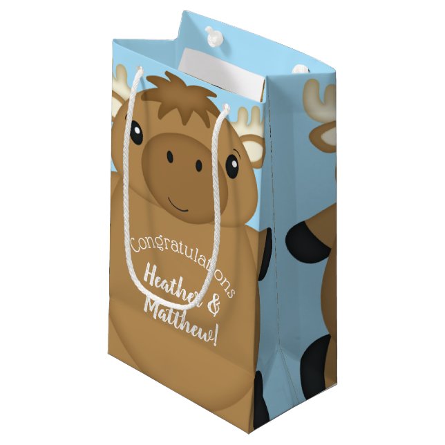 Moose Baby Shower Blue Boy Small Gift Bag (Front Angled)