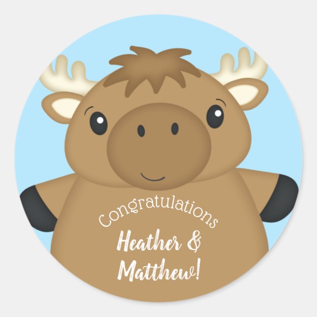 Moose Baby Shower Blue Classic Round Sticker (Front)