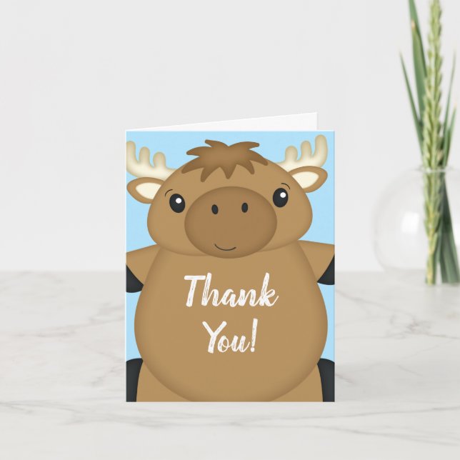 Moose Baby Shower Blue Thank You Card (Front)