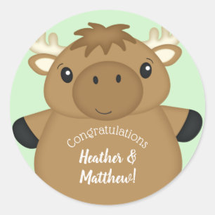 Moose Baby Shower Green Classic Round Sticker