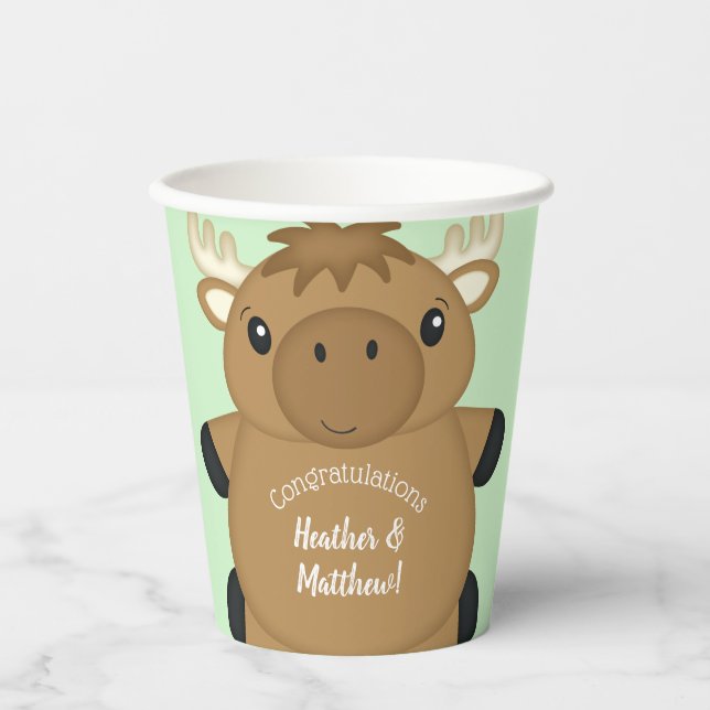 Moose Baby Shower Green Paper Cups (Front)