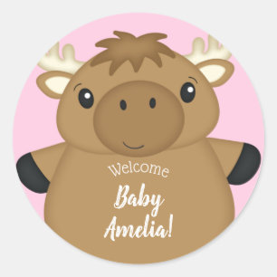 Moose Baby Shower Pink Classic Round Sticker