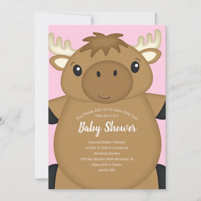 Moose Baby Shower Pink Invitation (Front)