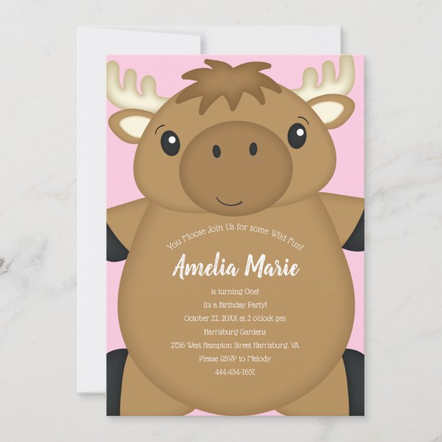 Moose Birthday Party Pink Invitation (Front)