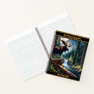 Moose by a calm mountain stream at dawn notebook