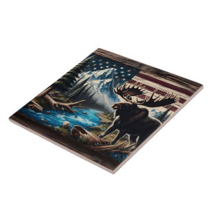 Moose by Lake With Mountain and Flag Background Ceramic Tile