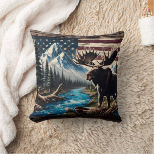 Moose by Lake With Mountain and Flag Background Cushion