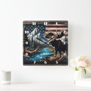 Moose by Lake With Mountain and Flag Background Square Wall Clock