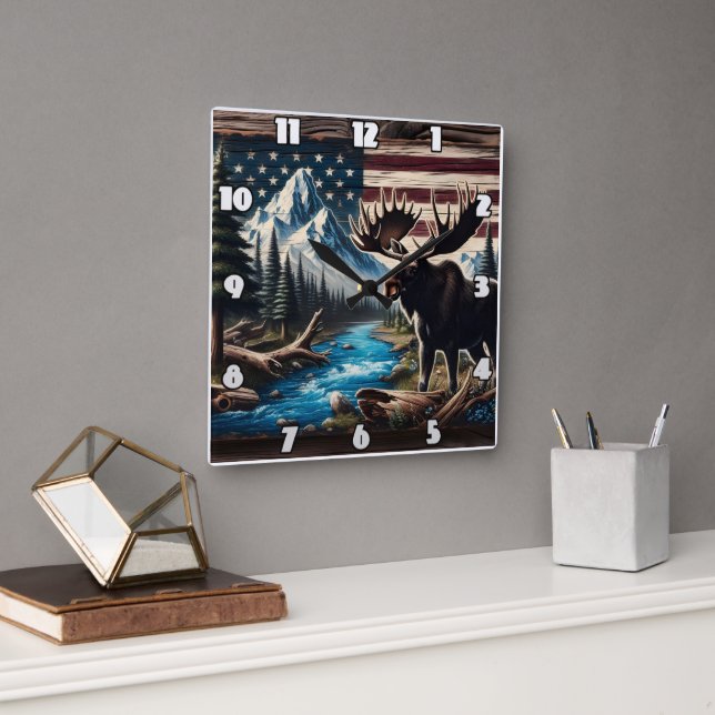 Moose by Lake With Mountain and Flag Background Square Wall Clock (Office)