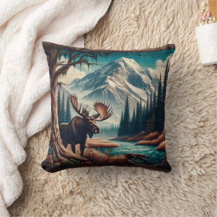 Moose by Mountain Stream in Autumn Landscape Cushion