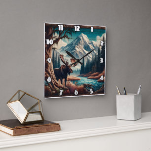 Moose by Mountain Stream in Autumn Landscape Square Wall Clock