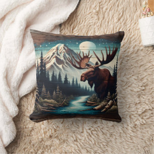 Moose by Mountain Stream Under Full Moon Cushion