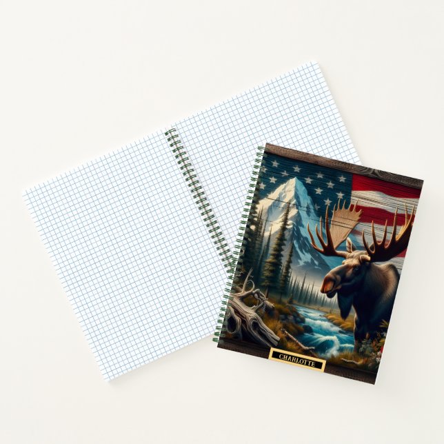 Moose by mountain stream with flag notebook (Inside)