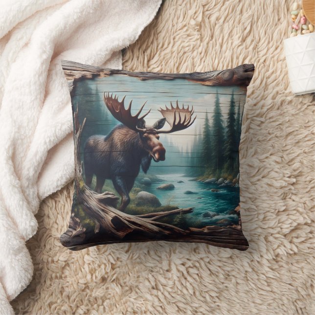 Moose by River in Forest Landscape Art Cushion (Blanket)