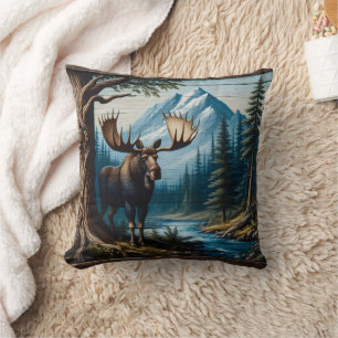 Moose by River With Mountains Behind Cushion
