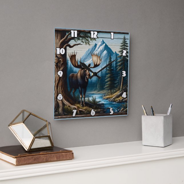 Moose by River With Mountains Behind Square Wall Clock (Office)
