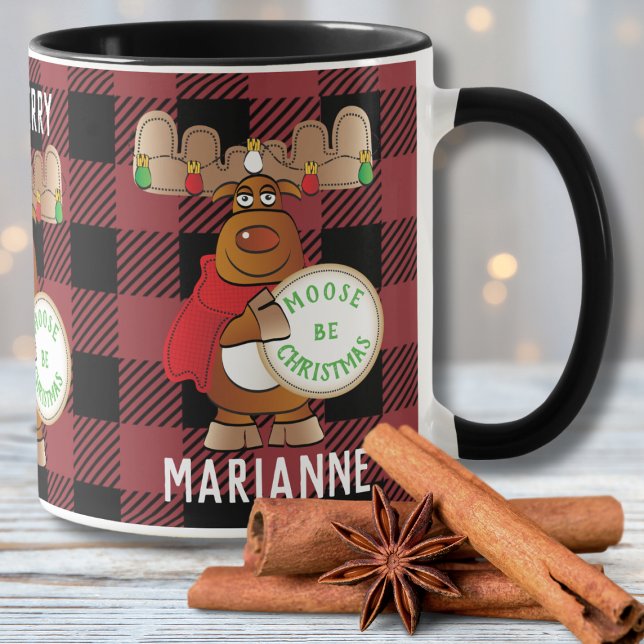 Moose Cartoon Be Merry Funny Plaid Personalised  Mug (Creator Uploaded)