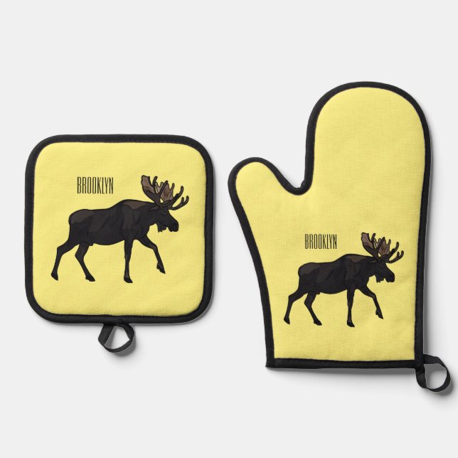 Moose cartoon illustration oven mitt & pot holder set (Front)
