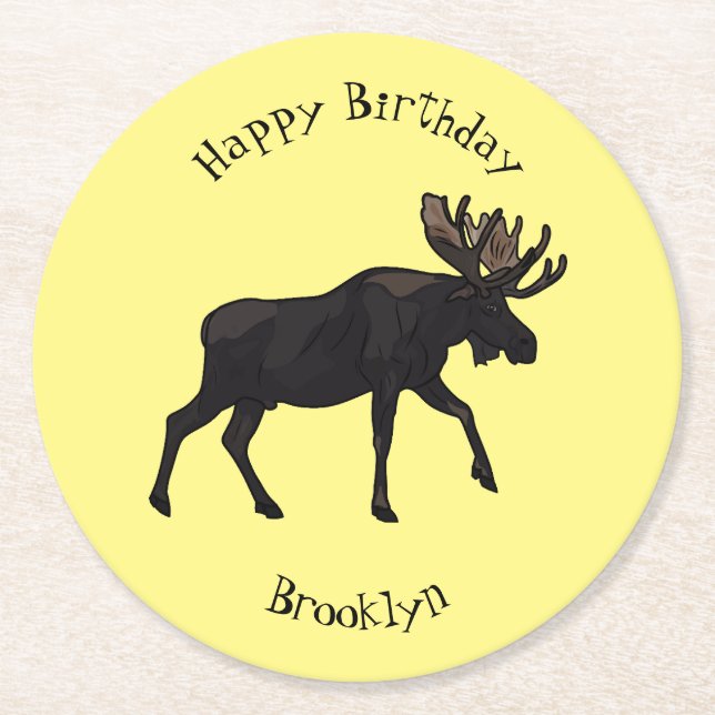 Moose cartoon illustration round paper coaster (Front)