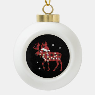 Moose Christmas Red Plaid Buffalo Xmas Santa Hat Ceramic Ball Christmas Ornament
