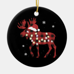 Moose Christmas Red Plaid Buffalo Xmas Santa Hat Ceramic Ornament