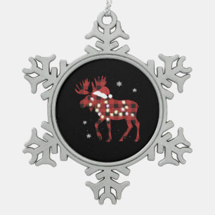 Moose Christmas Red Plaid Buffalo Xmas Santa Hat Snowflake Pewter Christmas Ornament
