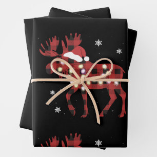 Moose Christmas Red Plaid Buffalo Xmas Santa Hat Wrapping Paper Sheet