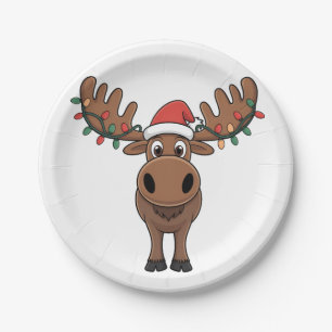 Moose Christmas Tree Lights Funny Xmas Moose Lover Paper Plate