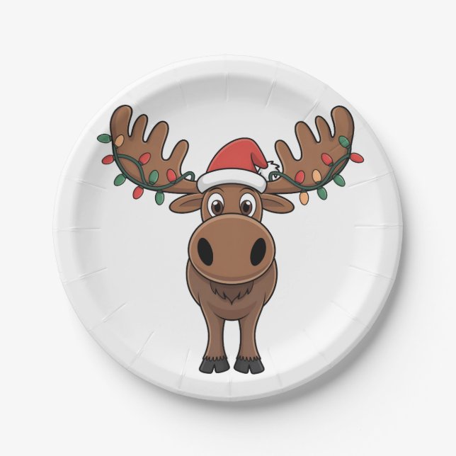 Moose Christmas Tree Lights Funny Xmas Moose Lover Paper Plate (Front)