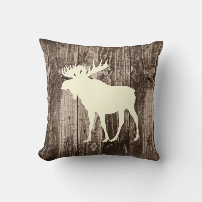 Moose (Cream) Wildlife on Rustic Wood Cabin Cushion (Front)